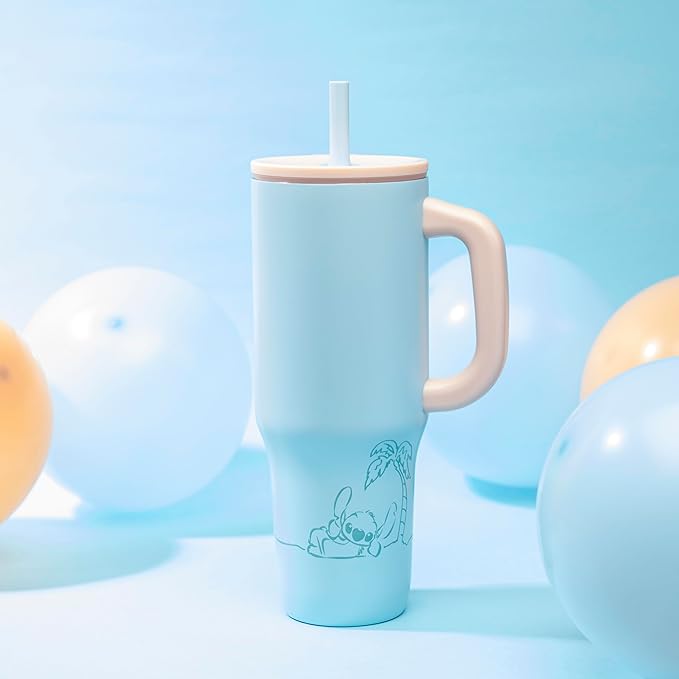 Zak Designs Disney Sutton Travel Tumbler for On the Go or At Home, 40oz Stainless Steel with Vacuum Insulation, Silicone Straw, Carry Handle, and 3D Artwork for Cold Drinks (Stitch)