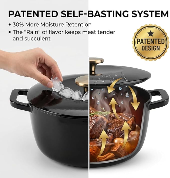 5QT Enamel Cast Iron Dutch Oven with Lid,Dual Handles,Versatile Heavy-Duty Non-toxic Cookware for Sourdough Bread Baking,Braising,Stews,Roasting,Oven Safe up to 500°F black
