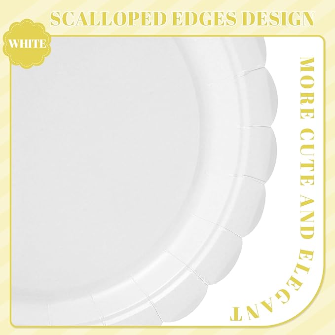 30 Pcs Scalloped Plates 9 Inch Disposable White Paper Plates Cute Dessert Cake Plate Dinner Party Plate for Wedding, Birthday, Graduation