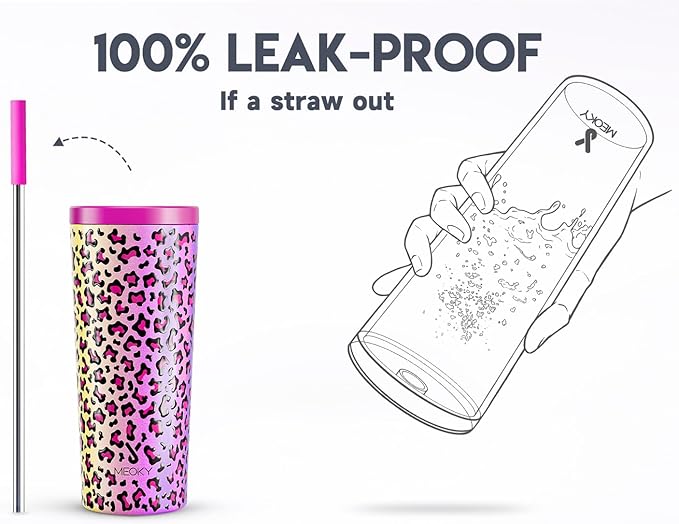 Meoky 24 oz Insulated Tumbler with Lid and Straw, Stainless Steel Vacuum Insulated Tumbler, Keeps Cold for 24 Hours, 100% Leak Proof, Fits in Car Cup Holder (Celebration)