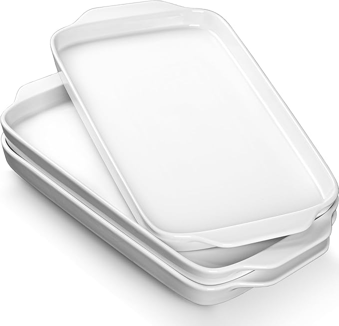 Dizada Large Serving Platter with Handles 16"x9" - White Porcelain Serving Trays Set of 3, Rectangular Platters for Entertaining, Party, Appetizer, Charcuterie