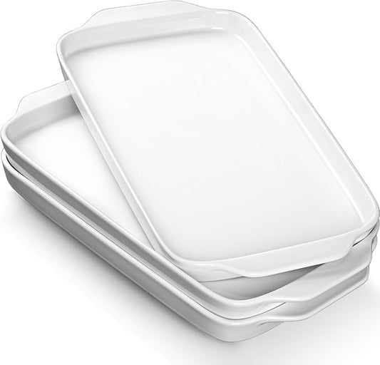 Dizada Large Serving Platter with Handles 16"x9" - White Porcelain Serving Trays Set of 3, Rectangular Platters for Entertaining, Party, Appetizer, Charcuterie