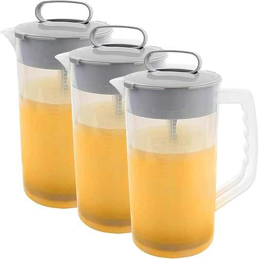 3 Pack Mixing Pitcher for Drinks 2 Quart/ 64oz Plastic Water Pitcher with Lid，Easy-Mix Juice Container，Angled Plastic Blades and Adjustable Mixer Plunger for Juice, Tea, Beverage Container
