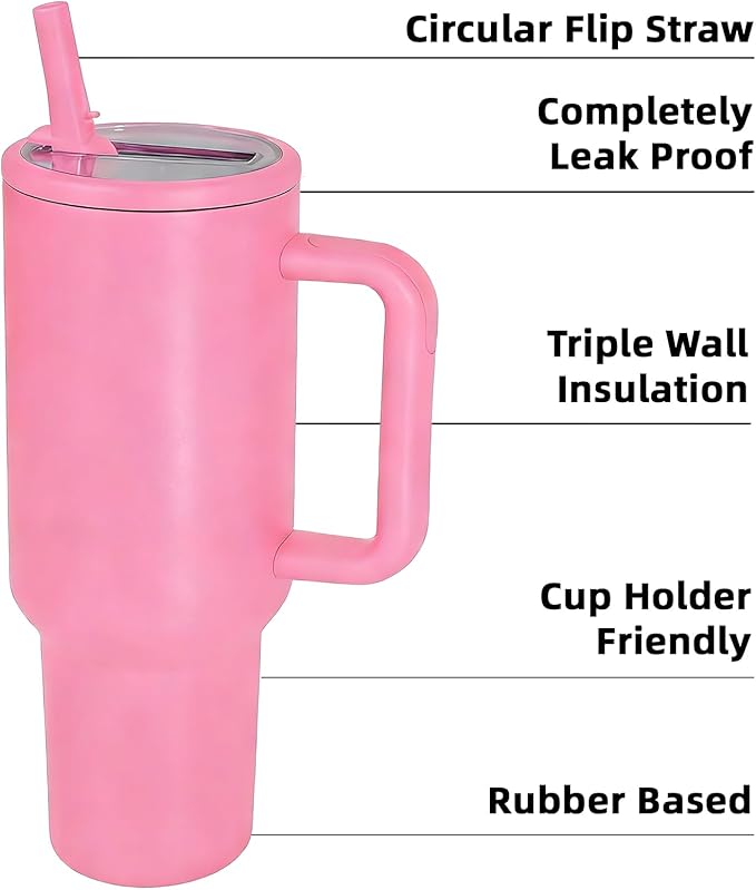 40 oz Insulated Tumbler with Handle,Flip Straw,Lid & Rubber Base Stainless Steel Water Bottle - Leak Proof Vacuum Insulated Mug BPA Free Reusable Travel Cup Gifts for Women/Men (bright pink)
