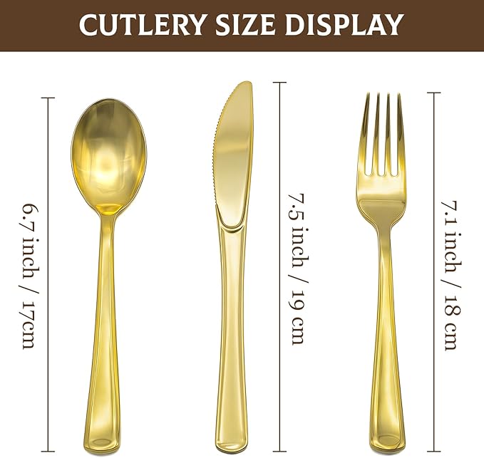 306 Pack Gold Plastic Silverware - Heavy Duty Gold Silverware Set - 102 Forks, 102 Knives, 102 Spoons Plastic Cutlery Disposable for Holidays, Parties, Dinners, Weddings Gathering, Daily Use