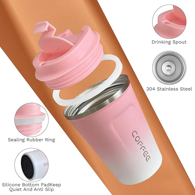 Travel Coffee Mug Leak-Proof, Reusable Coffee Cups with Lids, Stainless Steel Vacuum Insulated Coffee Tumblers, Thermal Insulation Cup for Men and Women Hot & Cold Drinks(2nd-Pink White, 17OZ)