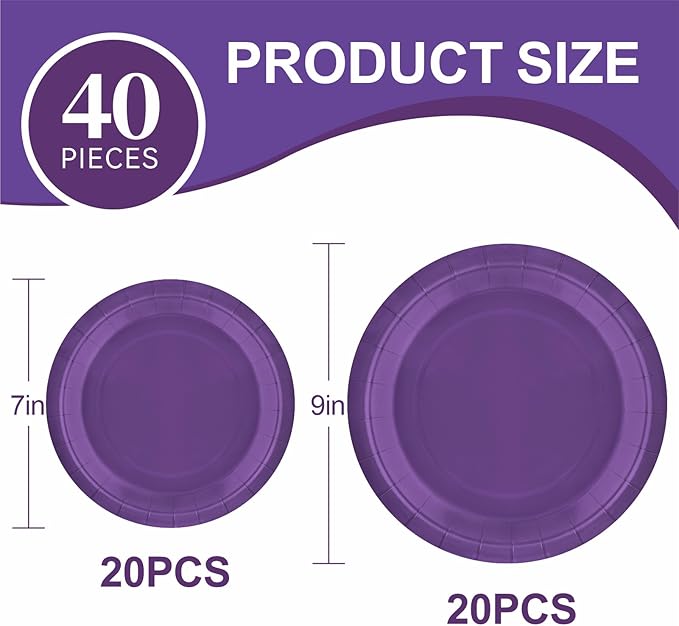 40Pcs Disposable Paper Plates Purple,Including 20pcs 9" and 20pcs 7" Plates,Strong and Sturdy Disposable Plates for Party, Dinner, Holiday, Picnic,Birthday Party, Dinner Table, Wedding