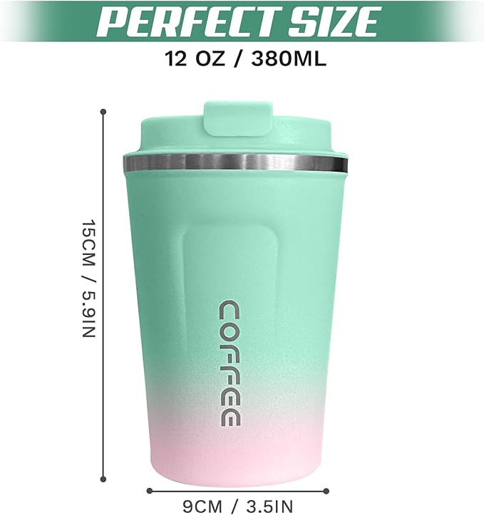 Travel Coffee Mug Leak-Proof, Reusable Coffee Cups with Lids, Stainless Steel Vacuum Insulated Coffee Tumblers, Thermal Insulation Cup for Men and Women Hot & Cold Drinks(2nd-Green Pink, 12OZ)