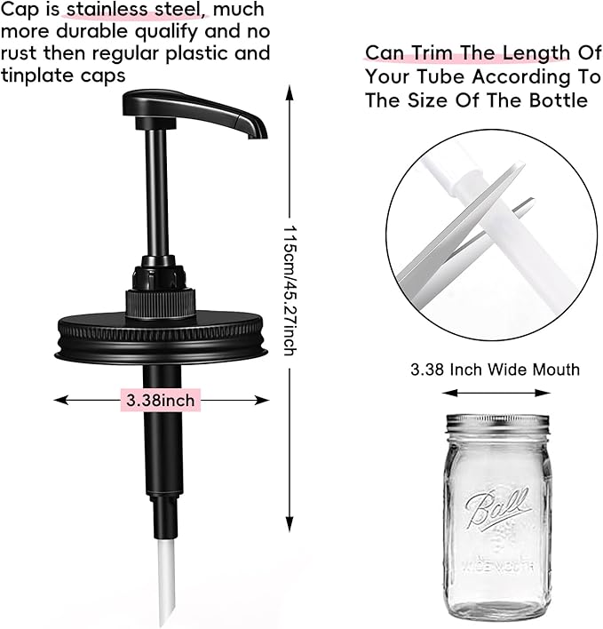 Mason Jar Honey & Syrup Pump Dispenser Lid fit 3.38 Inch Wide Mouth,Food Grade Pumps and Stainsteel Steel Lids for Honey, Coffee, Condiments, NO Rust, NO JAR QurHapzy