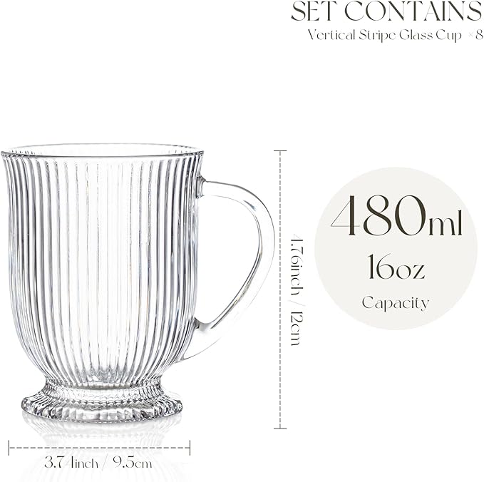 Glass Coffee Mugs Set of 8, Ribbed Large Coffee Mug 16 Oz With Handles for Hot Beverages, Clear Mugs for Tea, Cappuccino, Latte, Espresso Coffee, Glass Coffee Cups Large Coffee Mug, for Hot Beverages