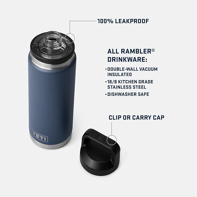 YETI Rambler 26 oz Bottle, Leakproof, Vacuum Insulated, Stainless Steel with Chug Cap, Rescue Red