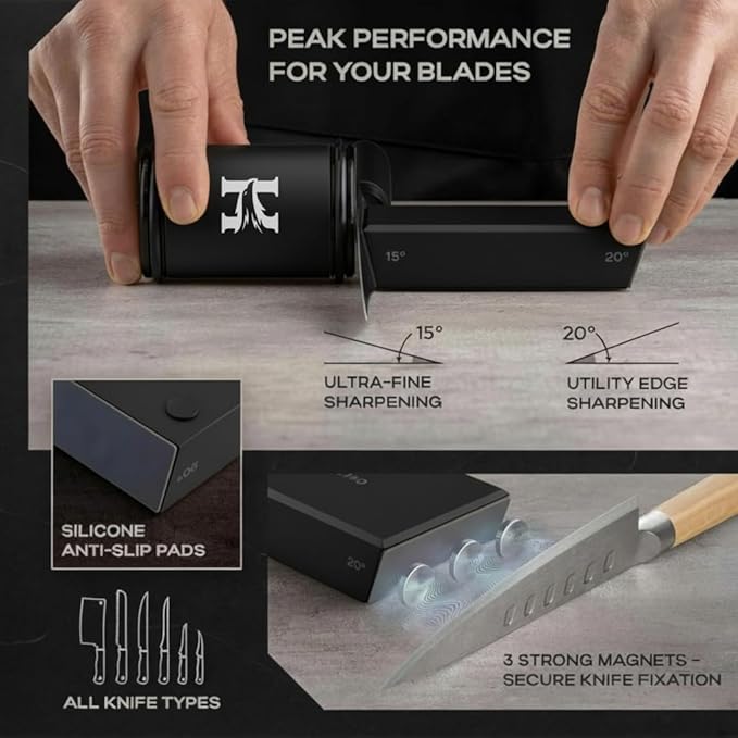 High Carbon Stainless Steel Rolling Knife Sharpener with 400, 1000 & 3000 Replacement Discs - Blunt Knife Sharpening Kit with 15 and 20 Degree Sharpening for Kitchen & Chef's Knives (BLACK)