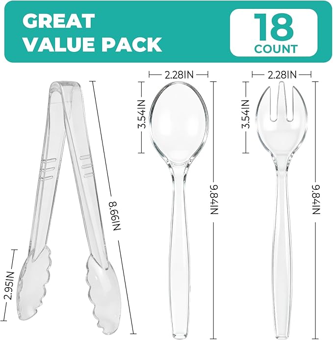 CXPSINC Disposable Plastic Serving Utensils Set 18-Piece, Including 6 Clear Plastic Serving Spoons, 6 Tongs & 6 Forks, Disposable Serving Utensils For Catering Buffets Events (Clear, 18pcs Utensils)