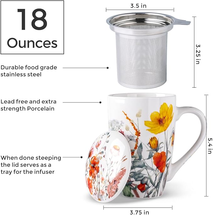 AmorArc Porcelain Tea Mug with Infuser and Lid – 18oz Loose Leaf Tea Cup with Handle, Gift for Tea Lovers (Men & Women)