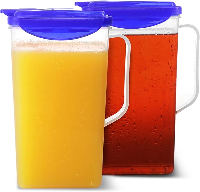 Blue BPA Free Plastic Pitcher Set of 2 - 50 Oz. Jug with Lid for Fridge, Iced Tea, Lemonade, Water