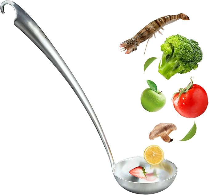 Kitchen Ladle, Matal Soup Ladle, Stainless Steel Big Spoon, white Hanging Hook, No rust, Dishwasher Safe, Gift for Family