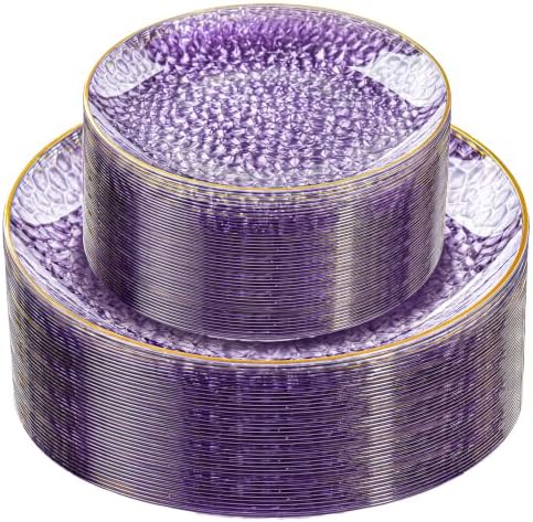 Rubtlamp 60Pcs Clear Purple Gold Plastic Plates, Purple Disposable Plates With Gold Rim, Hammered Plastic Plates Include 30 Clear Dessert Plates, 30 Dinner Plates for Party