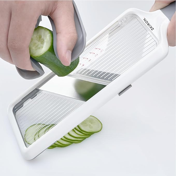 Handheld Mandoline Slicer for Kitchen - Adjustable 3-Thickness Vegetable Slicer (1mm-3mm) with Food Holder - Safe Potato Slicer & Cucumber Cutter for Salad, Easy to Clean (Gray)
