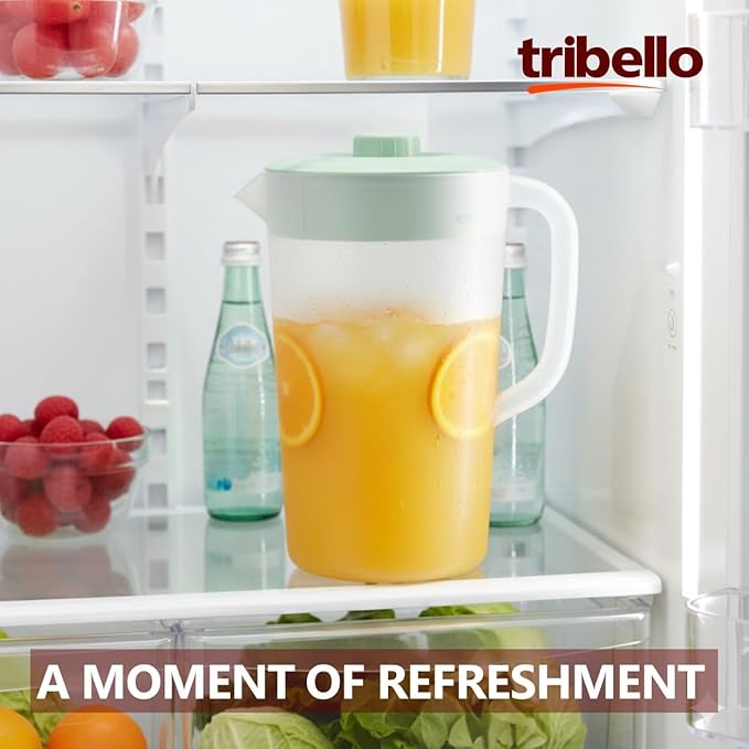 Tribello Water Pitcher with Lid 1 Gallon – Clear Round Plastic Pitcher Ice Tea & Juice Jug – Freezer & Dishwasher Safe, BPA & Phthalate Free – Sage Green