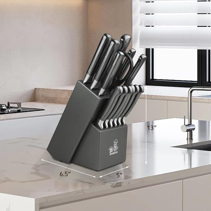 15-Piece Kitchen Knife Set with Block, Ultra-Sharp Full-Tang Stainless Steel Knives, Built-in Sharpener, Dishwasher Safe, Non-Slip Ergonomic Handle, Modern Gray, Gift Box