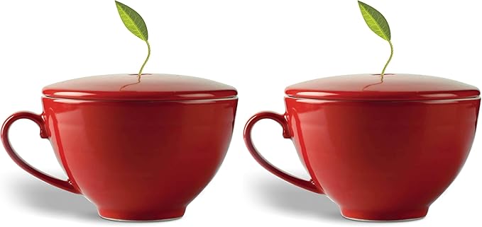 Tea Forte Cafe Cup Ruby Red Porcelain Tea Cup and Lid, Steeps 8 oz., Microwave and Dishwasher Safe (Pack of 2)