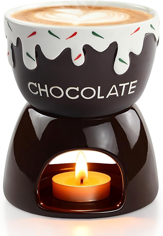 Mini Sweet Fondue Cup, Ceramic Chocolate Melting Pot and Stove Set of 2, Coffee Warmer Mug, Portable for Cheese, Butter Melting Dipping Tool for Marshmallows/Fruits for Camping/Date/Movie Night/Party