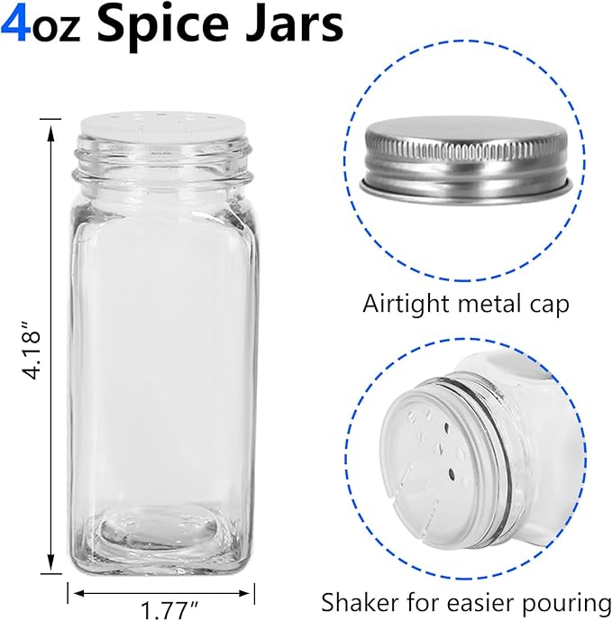 Keketin 30 Pack Glass Spice Jars 4 oz with Labels, Empty Square Spice bottles Seasoning Containers with Silver Caps and Shaker Lids(80 Black Labels,1 Funnel,1 Pen and 1 Brush Included)
