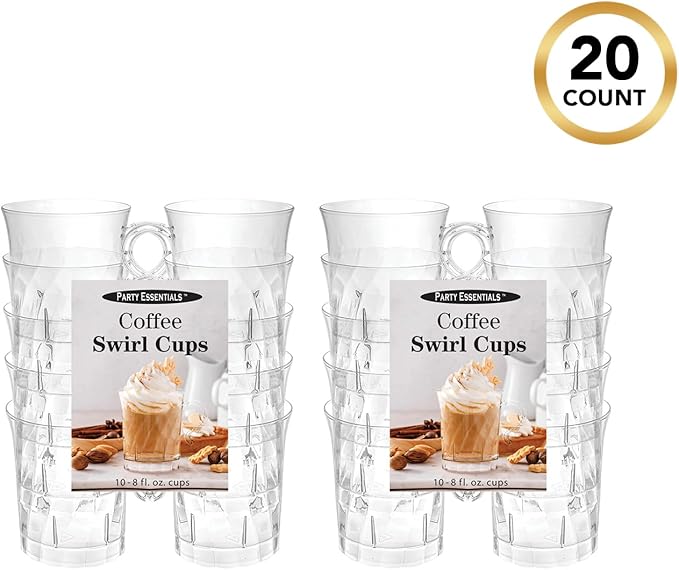 Party Essentials Hard Plastic 8 oz. Swirled Coffee/Tea/ Party Cups With Handle, Clear, 20 Count (N810-2)
