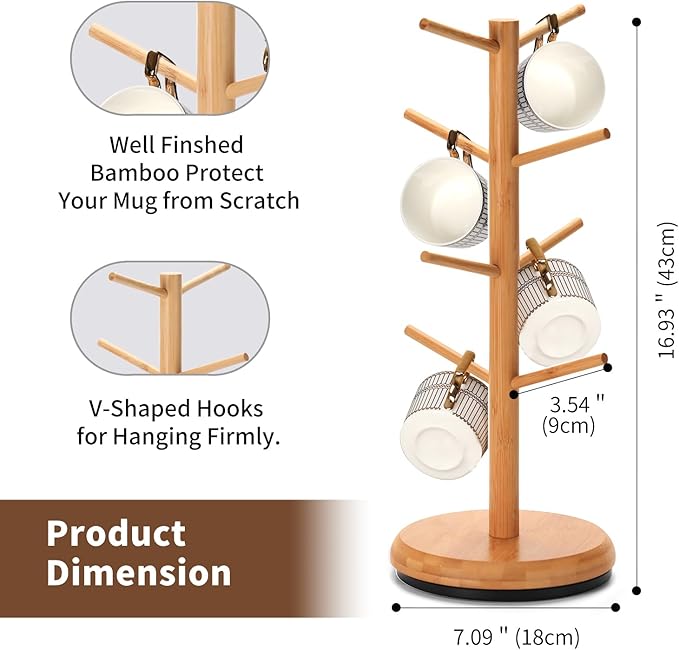 BAMBANG Mug Holder Tree, 360° Rotating 8 Hooks Coffee Cup Holder for Counter Top, Bamboo Coffee Mug Rack Stand for Kitchen Countertop Home, Natural