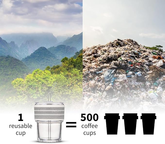 13oz/400ml Glass Water Tumbler with Straw and Lid Sealed Carry on Thick Wall Iced Coffee Cup for Water, Iced Tea, Fruit Juice