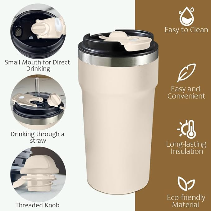 Travel Coffee Mugs Leak-Proof, Reusable Coffee Cups with Lids, Stainless Steel Vacuum Insulated Coffee Tumblers, Thermal Insulation Cups for Men and Women Hot & Cold Drinks(4th-White, 16OZ)