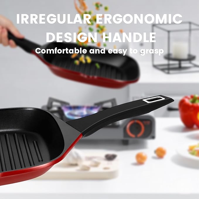 11 Inch Nonstick Grill Pan, Square Large Grilling Skillet Steak Pan for Stove Tops, Granite Coating Grill Skillet with Pour Spouts, PTFE & PFOA Free, Durable Grilling Pan for Indoor & Outdoor