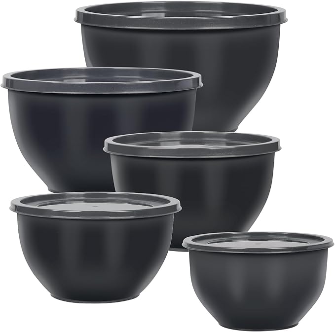 Plastic Mixing Bowls with Lids Set for Kitchen, Nesting Bowls for Mixing, Baking, Prepping, Cooking and Serving Food, Mixing Bowls Dishwasher, Microwave Safe (Dark Gray)