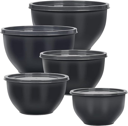 Plastic Mixing Bowls with Lids Set for Kitchen, Nesting Bowls for Mixing, Baking, Prepping, Cooking and Serving Food, Mixing Bowls Dishwasher, Microwave Safe (Dark Gray)