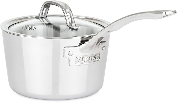 Viking Contemporary 3-Ply Stainless Steel Sauce Pan with Glass Lid, 2.4 Quart Saucepan Cooking Pot, Dishwasher and Oven Safe, Induction Ready, Silver
