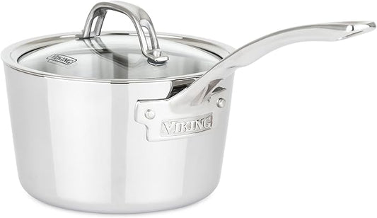 Viking Contemporary 3-Ply Stainless Steel Sauce Pan with Glass Lid, 2.4 Quart Saucepan Cooking Pot, Dishwasher and Oven Safe, Induction Ready, Silver