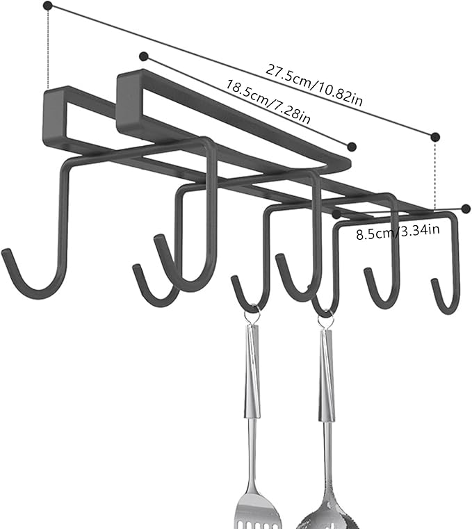Mug Holder Under Cabinet,2pcs Coffee Mug Organizer for Kitchen,Fit for 0.8 Inch Thickness Shelf or Less,Nail Free Adhesive Coffee Cups Holder Hanger for Cups/Kitchen Utensils/Keys Storage (Black)