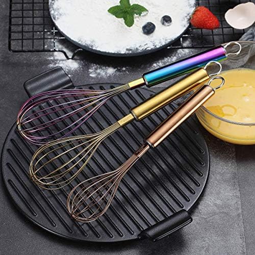 Berglander Colorful Whisks Set - Stainless Steel 8" Gold, 10" Rose Gold, 12" Rainbow Wire Whisks for Cooking