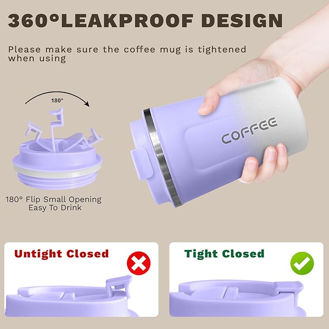 Travel Coffee Mug Leak-Proof, Reusable Coffee Cups with Lid, Stainless Steel Vacuum Insulated Coffee Tumblers, Thermal Insulation Cup for Men & Women Hot & Cold Drinks(2nd-Purple White, 12OZ)