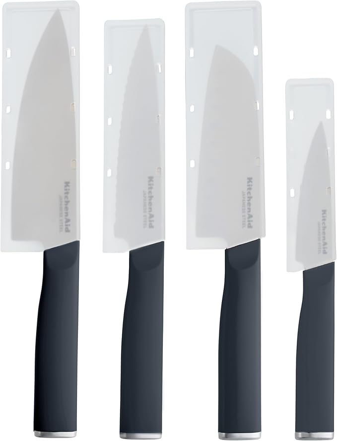 KitchenAid Chef Set with Custom Fit Covers, Sharp Kitchen Knife, High-Carbon Japanese Stainless Steel Blade, 4 Piece, Charcoal Gray