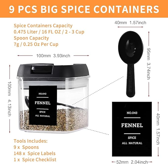Spice Containers with Labels, 9 Pcs 16 Fl Oz Large Plastic Tea Storage Containers with 148 Spice Labels and 9 Spoons, Square Airtight Seasoning Containers Set with black Lids for Kitchen Pantry Coffee