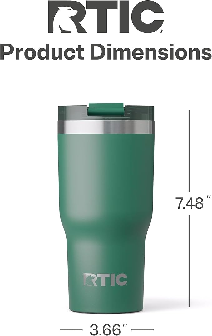 RTIC 20oz Essential Tumbler with Lid, Ceramic Lined, Insulated, Stainless Steel, Metal, Double Wall Vacuum-Insulation, Travel Cup for Iced Coffee, Tea, Hot and Cold Drink, Pine Tree
