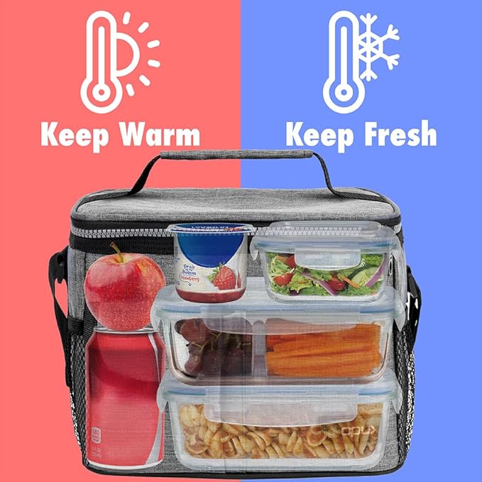 opux Insulated Lunch Bag for Men Women, Leakproof Heather Gray Lunch Box for Work, Portable Soft Lunch Cooler Bag with Shoulder Strap, Adult Lunchbox Lunch Pail for Kid Boy Girl School, 14 Can/8L