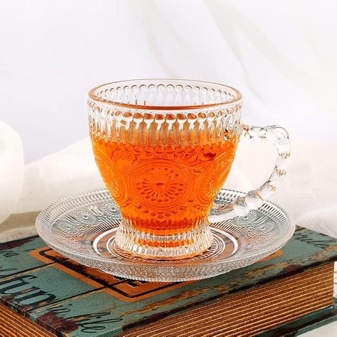 Vintage Glass Tea Cups with Saucers, Glass Mugs 7 Oz Set of 6 Espresso Coffee Embossed Glassware with Handle, for Cappuccino, Latte, Cereal, Yogurt, Beverage Hot/Cold, Milk…