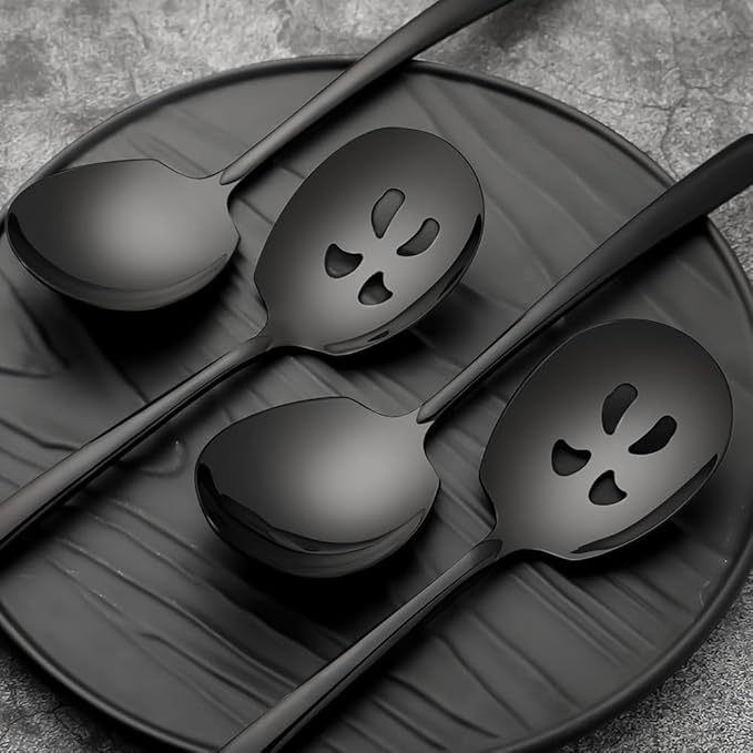 Serving Spoons Set 9.14 Inch Slotted Spoon Serving Spoon Stainless Steel Serving Utensils for Buffet Catering Dishwasher Safe(Set of 6, Black)