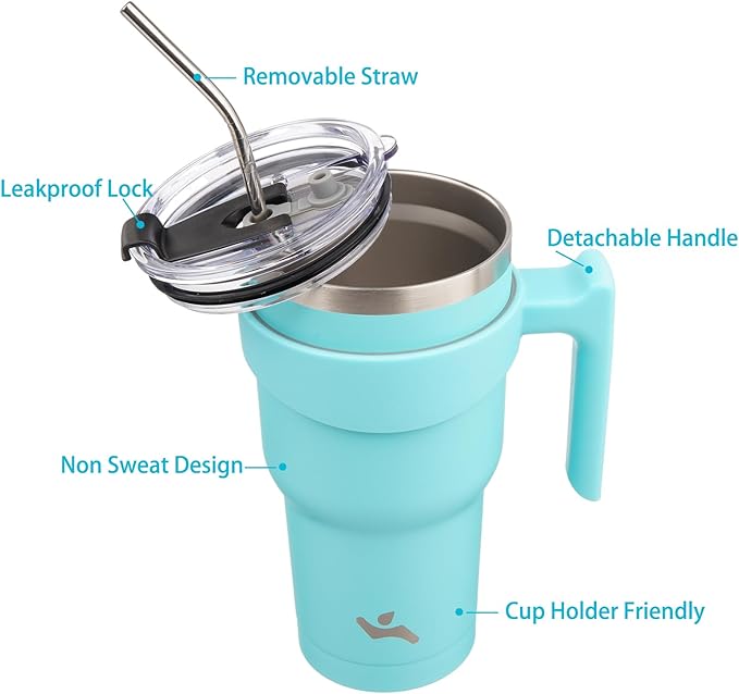 40 oz Tumbler with Handle and 2 Straw 2 Lid, Insulated Water Bottle Stainless Steel Vacuum Cup Reusable Travel Mug,Turquoise