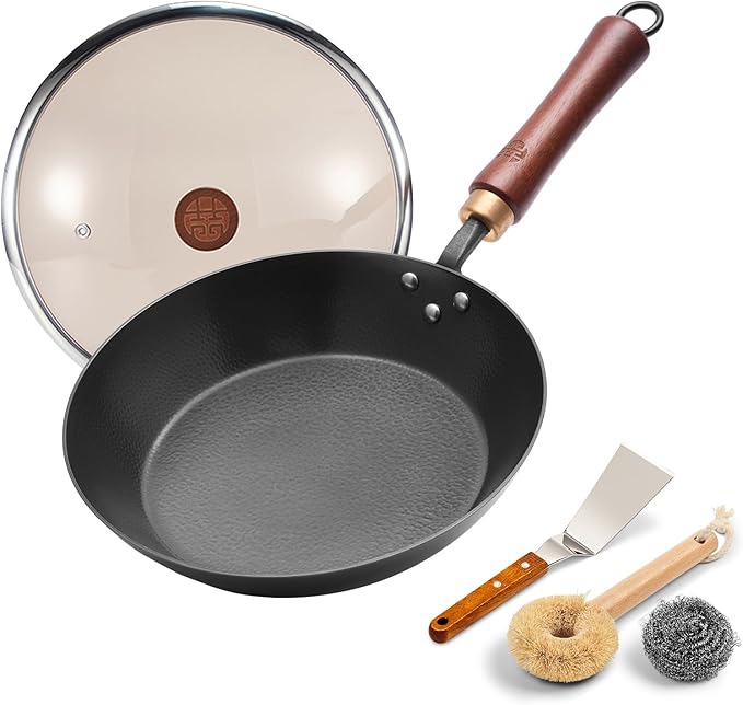 WANGYUANJI 10.2" Iron Skillet with Glass Lid & Spatula, Flat-Bottom Hand-Hammered Frying Pan, Uncoated & Unseasoned Small Iron Wok for Induction, Gas & Electric Stoves