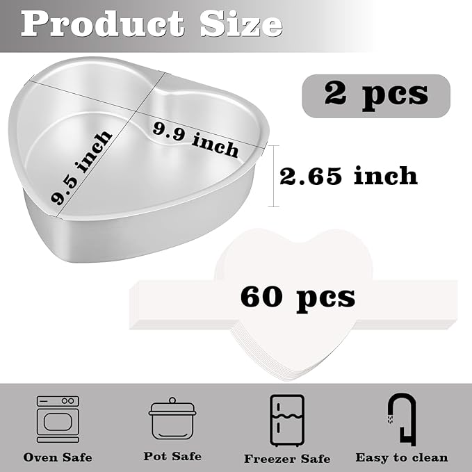 HUAKENER 9.5 Inch Heart Cake Pan, Set of 2 Heart Shaped Cake Pans with 60 Pieces Parchment Paper, Non-stick Cake Baking Pans for Kitchen Birthday Wedding