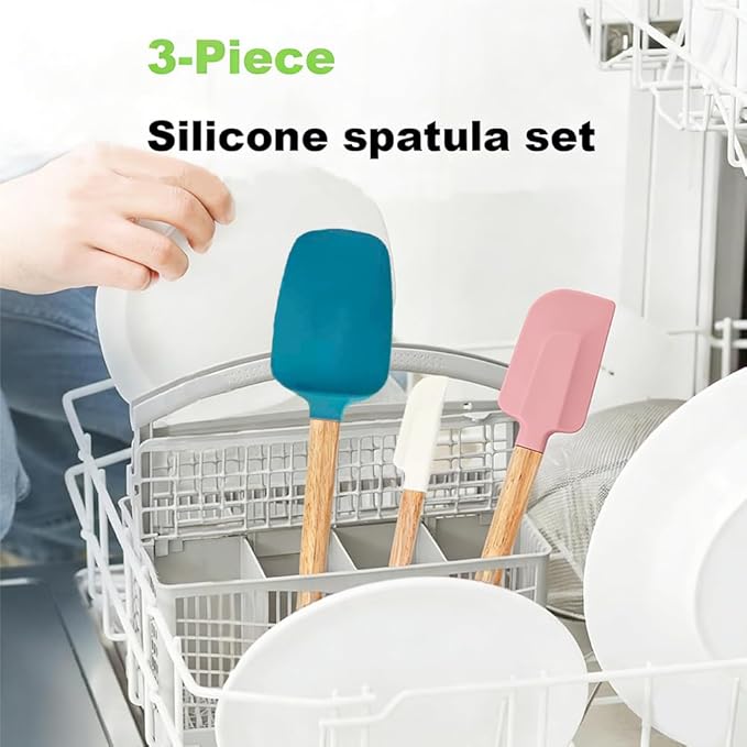 Silicone Spatula Set 3-Piece with Wooden Handles, Heat-Resistant for Mixing, Scraping, Cooking, Baking, Coral Pink, Royal blue, Cream