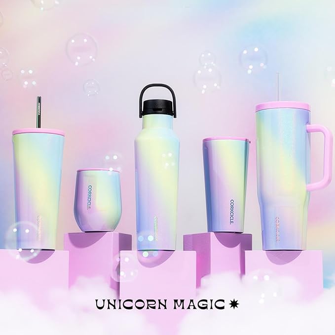 Corkcicle Cold Cup Insulated Tumbler with Straw - Keeps Drinks Cold for 12 Hours - Triple-Insulated Stainless Steel - Leak-Resistant Lid - Summer Drinkware Gift - 24 oz - Rainbow Unicorn